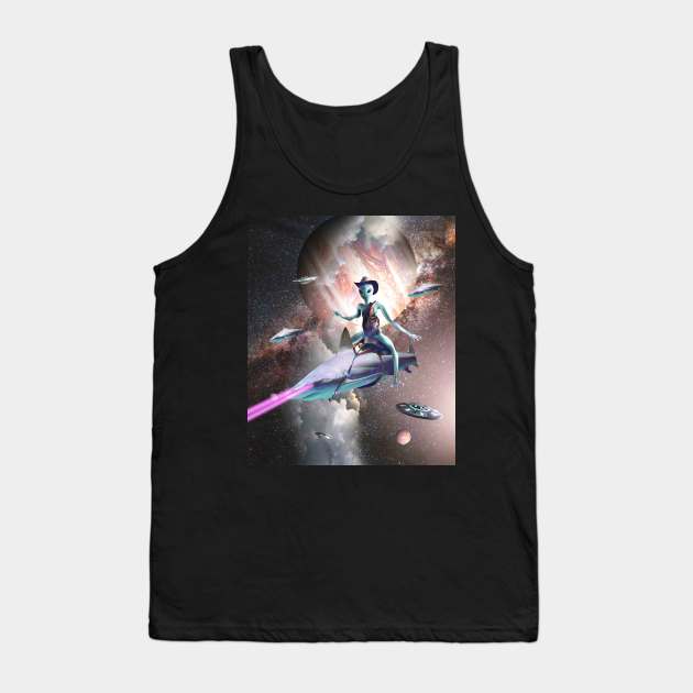 Cowboy Space Alien Riding Laser Shark Tank Top by Random Galaxy